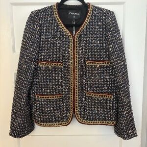 Tweed jacket with metallic sequins and leather trim
